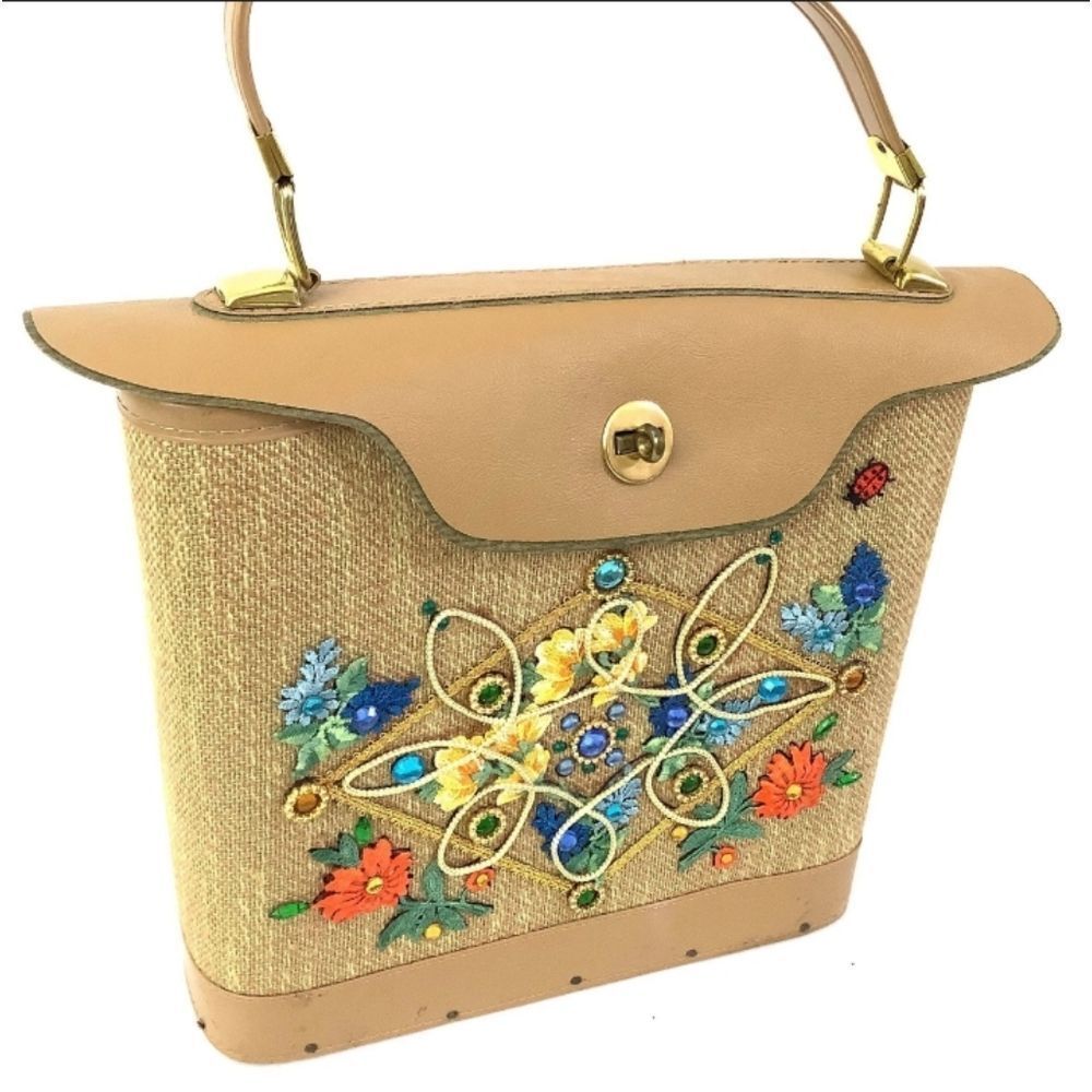 60s Embellished Jewel Purse Floral Applique Top Handle Bag